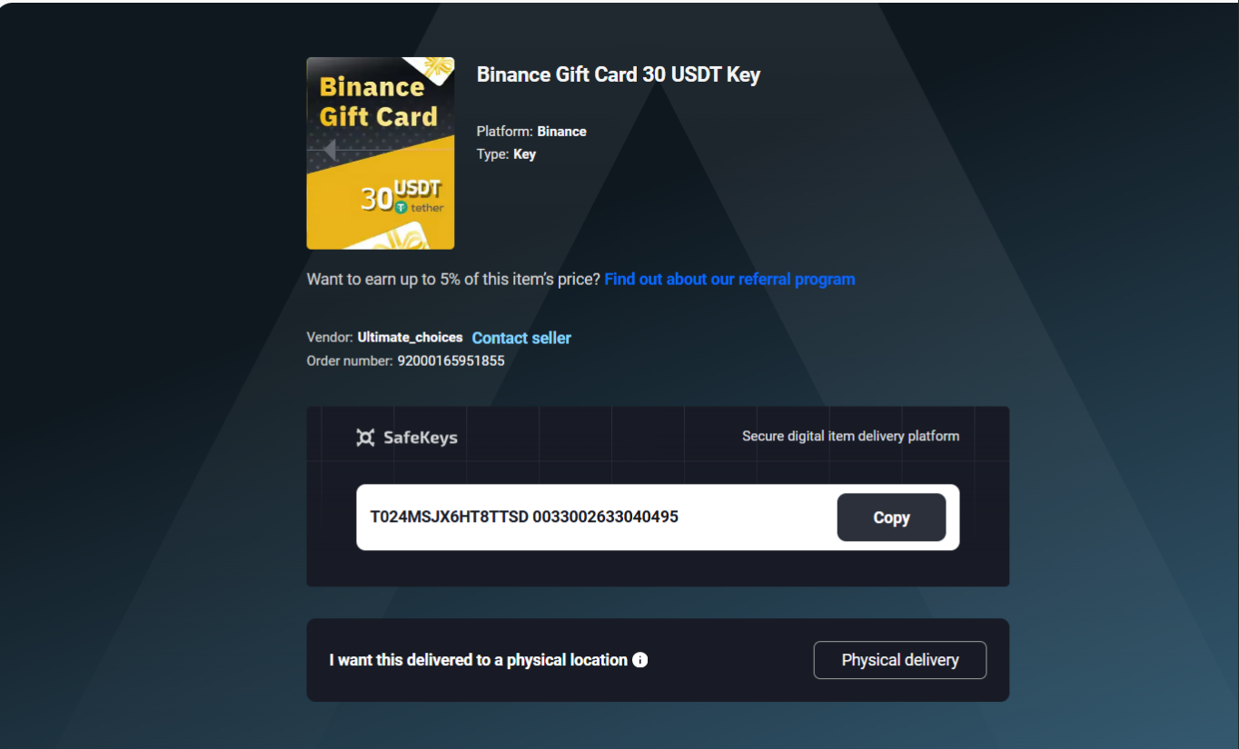 Purchased Binance gift card showing the gift card key and Copy button